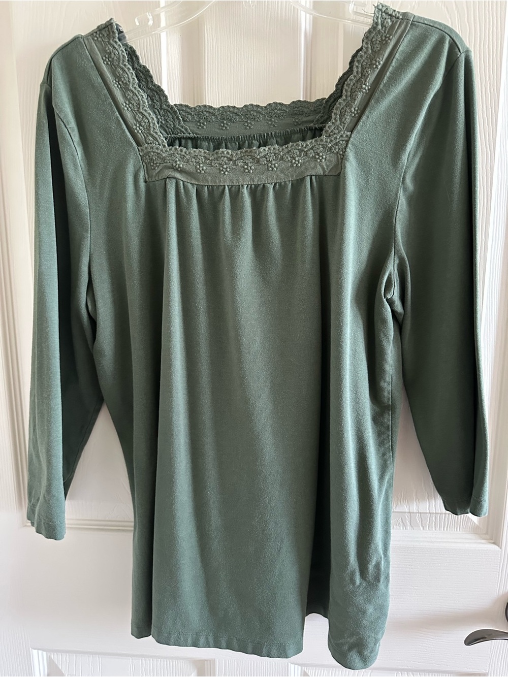 Denim&Co Lace-Trim Square Neck 3/4 sleeve top in sage green.